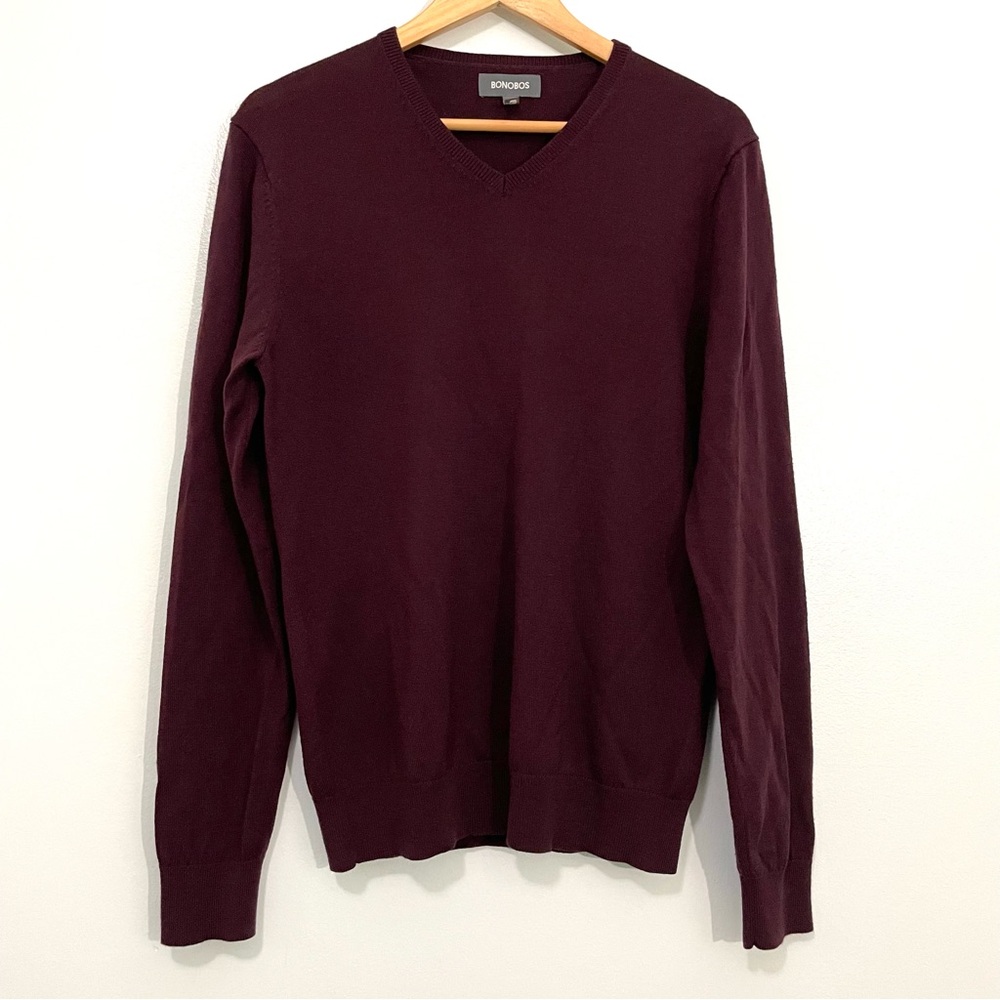 Bonobos Plum Merlot Extra Fine Merino Wool V Neck Slim Pullover Sweater M